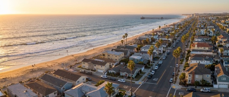 Aerial view of Oceanside's beach, pier, and palm-lined streets at sunset