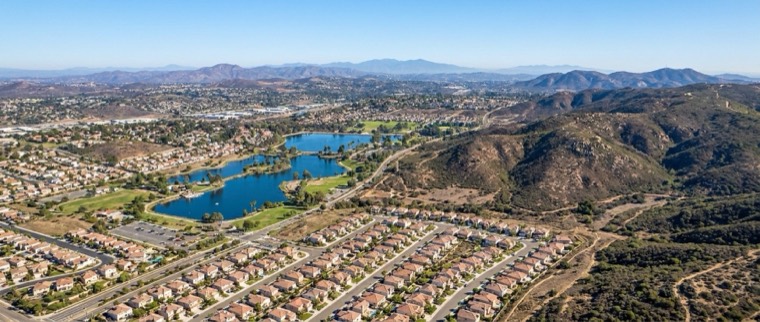 Aerial view of Santee homes around Santee Lakes