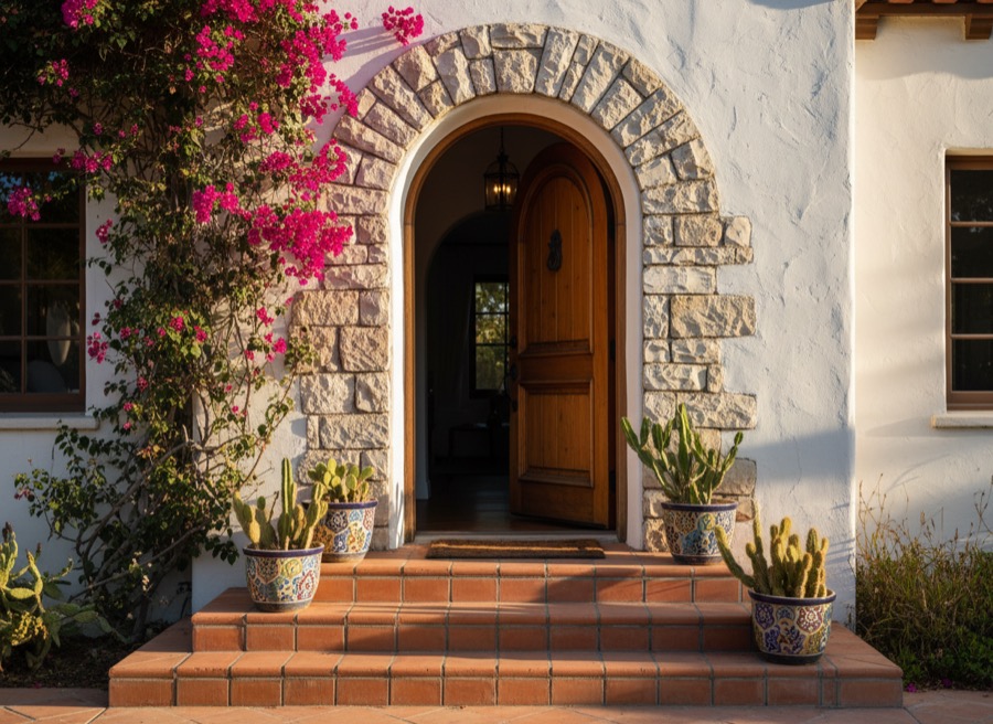 Sunlit arched entry of a Spanish-style San Diego home with bougainvillea climbing the stucco wall
