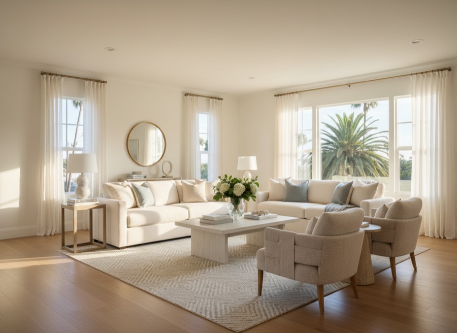 Bright, professionally staged living room with golden afternoon light and palm trees outside the windows