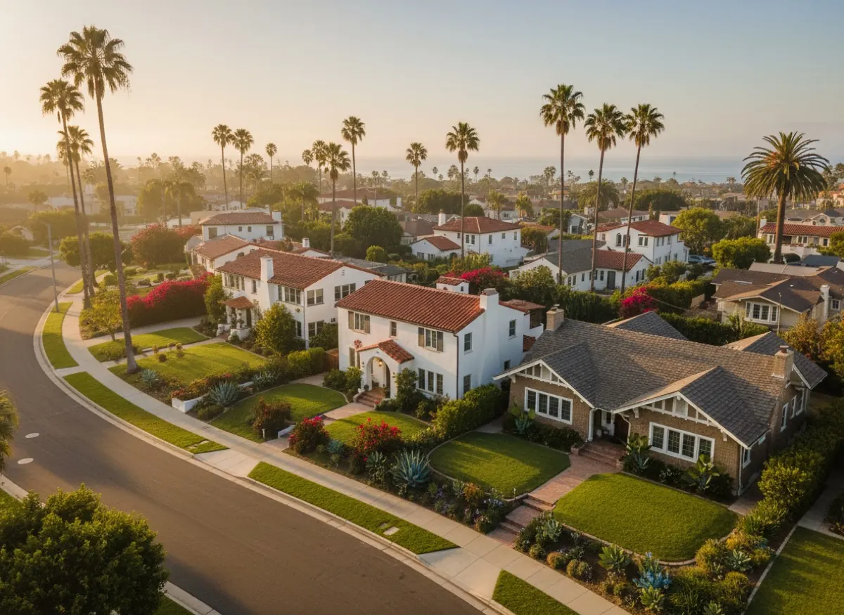 Golden-hour view of a San Diego residential neighborhood, Spanish-revival homes and palms